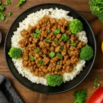 Teriyaki Ground Turkey Bowl over rice with sesame seeds