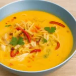 Thai Inspired Creamy Chicken Noodle Soup in golden coconut broth