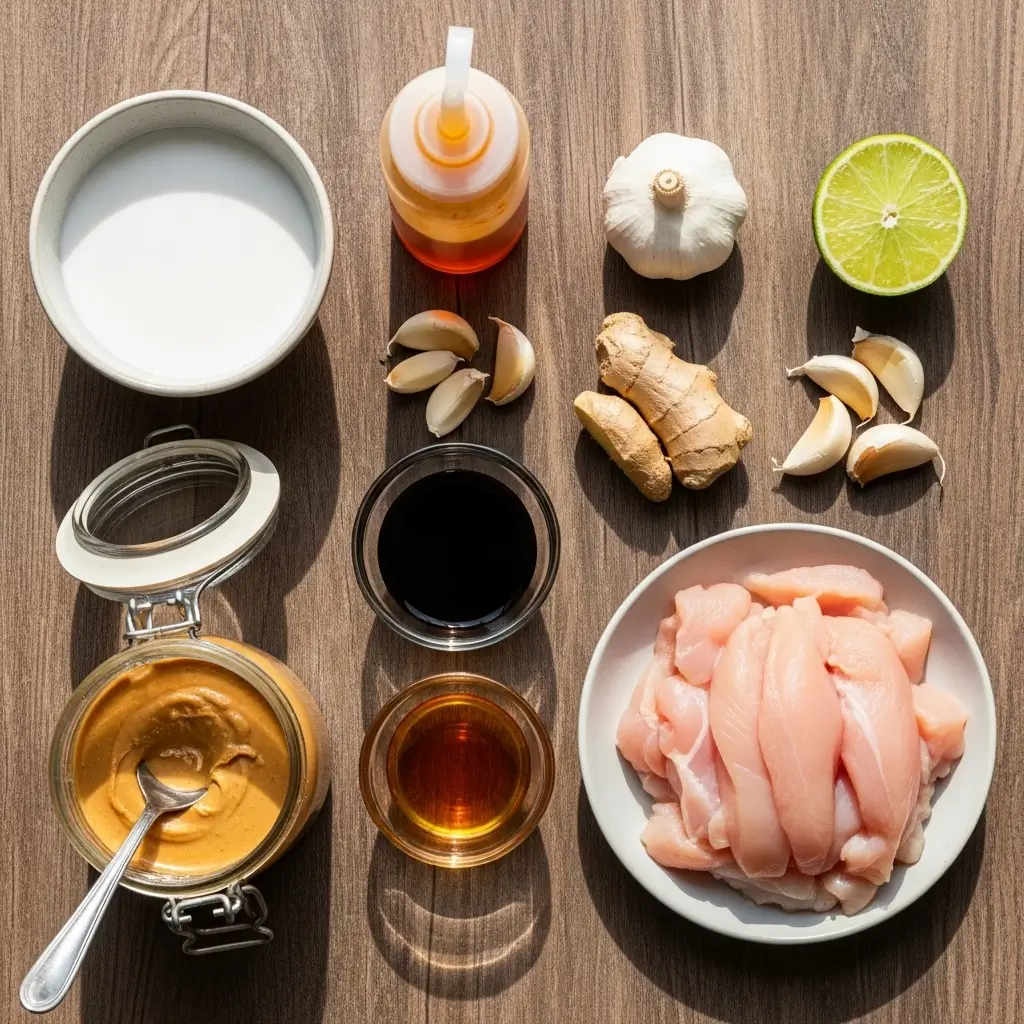 Ingredients for Slow-Cooked Thai Peanut Chicken on wooden table