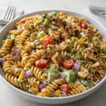 BBQ Chicken Pasta Salad in a ceramic bowl
