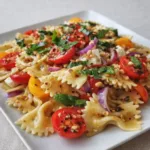 Bruschetta Pasta Salad with fresh basil and tomatoes