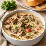 Creamy Philly Cheese Steak Soup in a bowl with steak and melted cheese