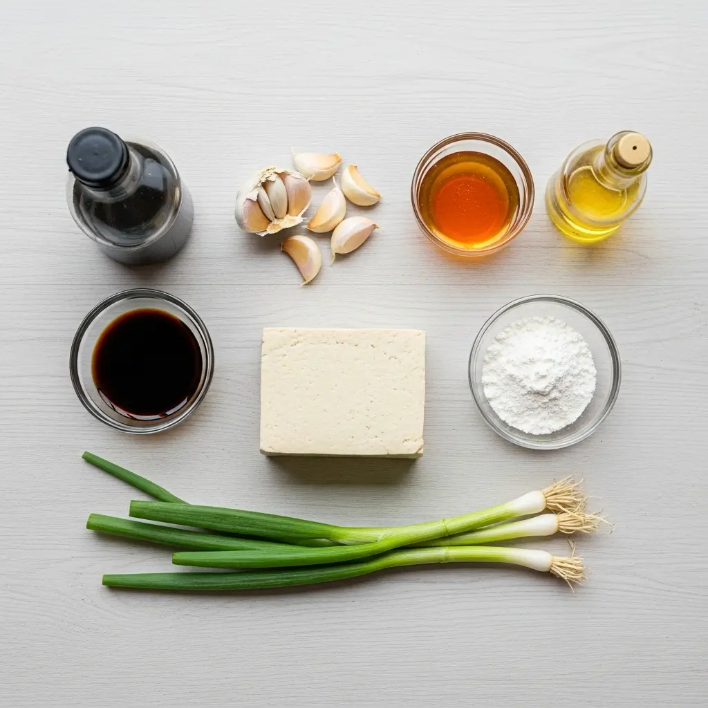 Crispy honey garlic tofu ingredients flat lay