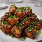 Crispy honey garlic tofu recipe in bowl