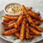 Crispy Oven Baked Sweet Potato Fries on tray with dips