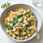 Easy Chicken Spinach Pasta in a rustic bowl