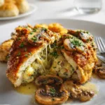 Gouda and Mushroom Stuffed Chicken cut open with cheese and mushrooms