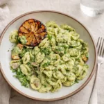 Lemon Basil Pasta Salad in ceramic bowl