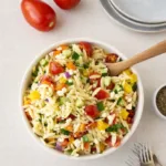Rainbow Orzo Salad with vegetables and feta