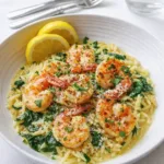 Shrimp Orzo In Lemon Garlic Sauce in a skillet with lemon and parsley