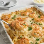 Shrimp Scampi Pasta Bake with bubbling cheese