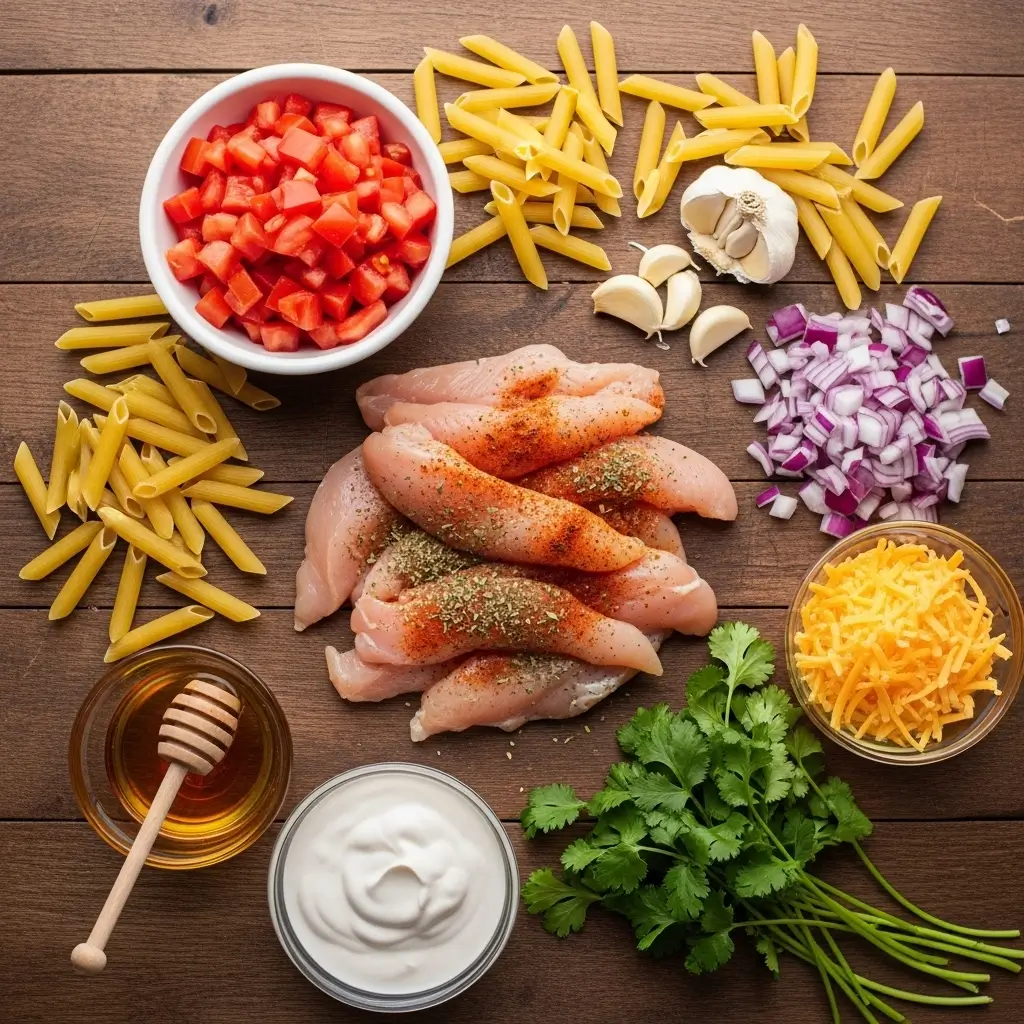 Southwest Chicken Alfredo ingredients flat lay