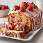 strawberry loaf cake fresh baked with pink glaze