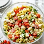 The Best Caprese Pasta Salad in rustic bowl
