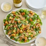 Best Chicken Caesar Salad with Homemade Croutons in a wooden bowl.