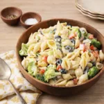 Best Creamy Pasta Salad in a white bowl on a wooden table