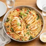 Bruschetta Chicken Pasta on Rustic Table