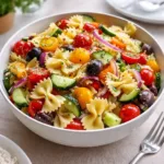 california pasta salad in wooden bowl on picnic table