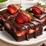 Fudgy Chocolate Covered Strawberry Brownies with ganache and fresh fruit.