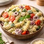 Creamy Dreamy Pasta Salad in white bowl with fresh veggies
