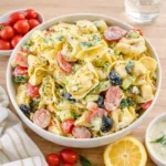 Creamy Greek Pasta Salad with tortellini and feta in a white bowl.