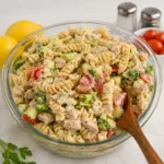 Creamy High-Protein Pasta Salad with chicken and vegetables in a white bowl.