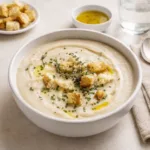 Creamy Roasted Jerusalem Artichoke Soup in rustic bowl