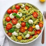 Easy Pesto Pasta Salad in bowl with tomatoes and mozzarella
