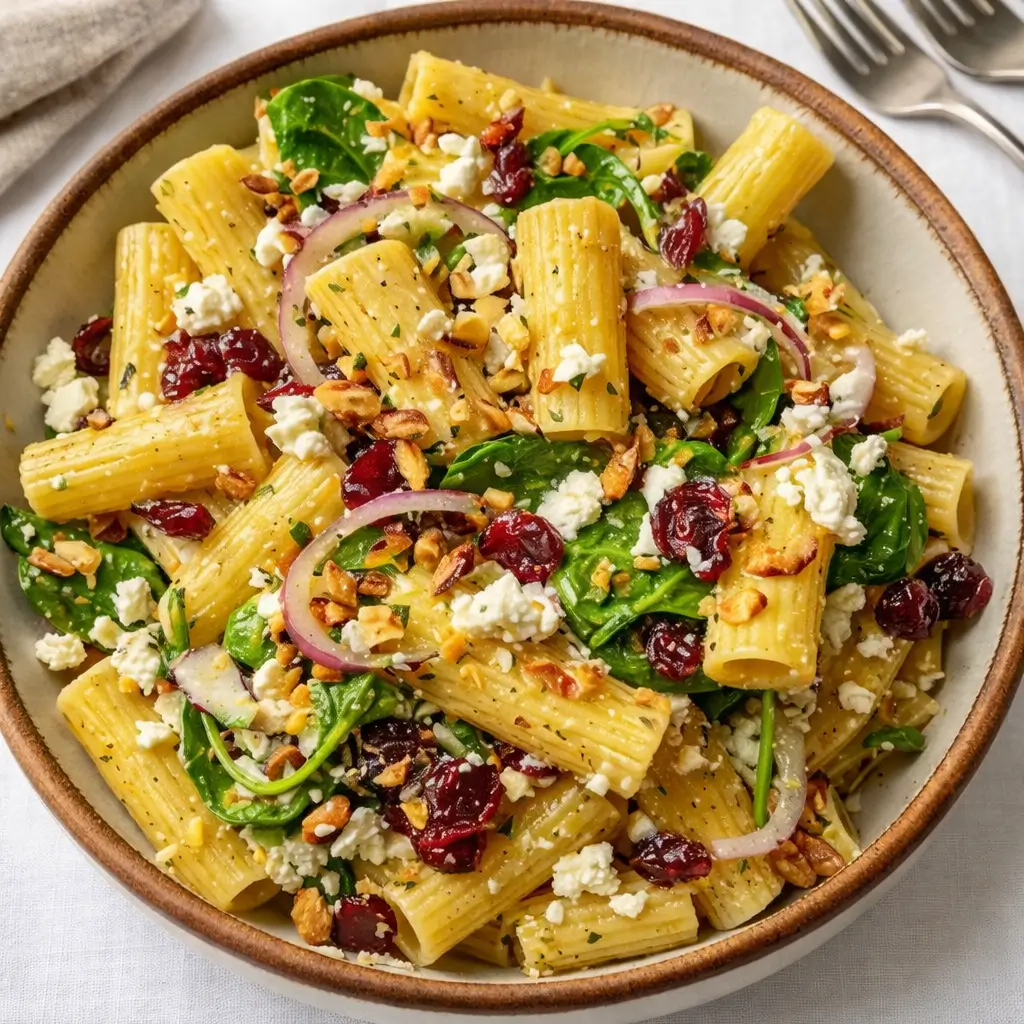 Feta and Cranberry Rigatoni Salad with Lemon Vinaigrette