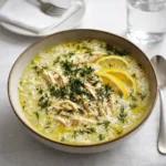 Greek Lemon Rice Soup with dill garnish in ceramic bowl