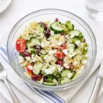 Greek Pasta Salad with fresh vegetables and feta