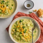 Healthy Higher Protein Broccoli Cheddar Soup in rustic bowl