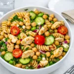 High-Protein Pasta Salad in a white bowl on a wooden table