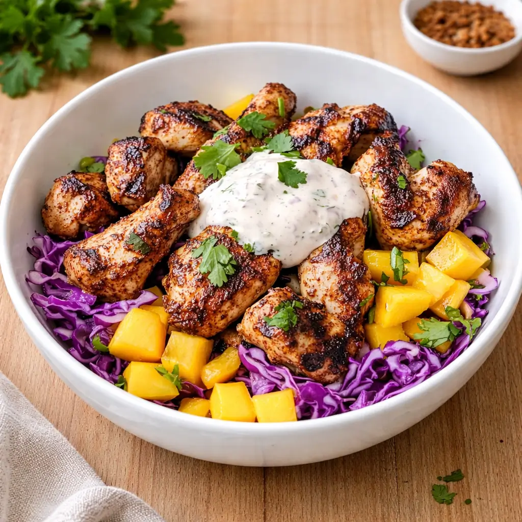 Jerk Chicken & Mango Slaw Bowls with Honey Lime Cream: Easy Tropical Dinner