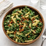 Kale Caesar Pasta Salad with crispy chickpeas and creamy dressing