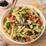 Mediterranean Pasta Salad in a white bowl on a wooden table