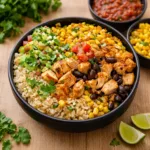 A vibrant One Pan Chicken Burrito Bowl in a cast iron skillet with lime and cilantro.