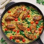 One-Pan Creamy Chicken Orzo in a cast-iron skillet with tomatoes and spinach.