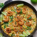 Skillet of shrimp and creamed corn with lime and cilantro.