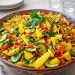 Fresh Thai Mango Salad with vibrant vegetables and peanuts in a bowl.