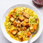 Vegan chicken soup with tofu and vegetables