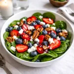 15-Minute Strawberry Spinach Salad with balsamic glaze in a white bowl.