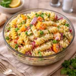 A large bowl of Addictive Crack Pasta Salad on a wooden table.