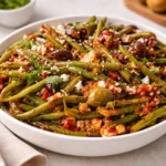 A bowl of authentic Greek Green Beans with feta and olives.