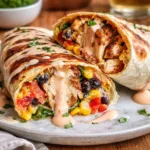 Best Southwest Chicken Wrap cut in half on a wooden board