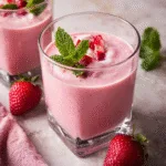 Chilled Strawberry Yogurt Soup garnished with mint and cream in a ceramic bowl.