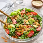Fresh Classic House Salad in a wooden bowl with tomatoes and cucumbers