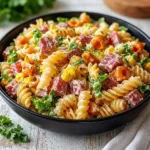 A bowl of creamy Club Sandwich Pasta Salad with ham and cheese.