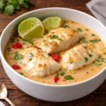 Creamy Coconut Lime Fish Soup in a ceramic bowl on a wooden table.