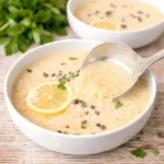 A bowl of Creamy Lemon Chicken Orzo Soup with a silver ladle and lemon slices.